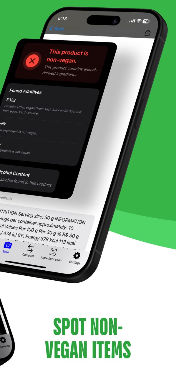 VeganCheckr iPhone screenshot showing a non-vegan result and E322 additive information