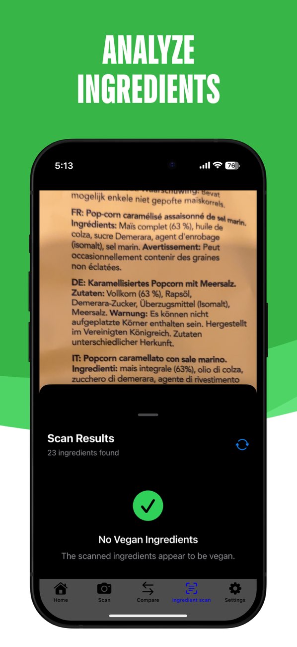 VeganCheckr iPhone ingredient scanner reading a multilingual popcorn label