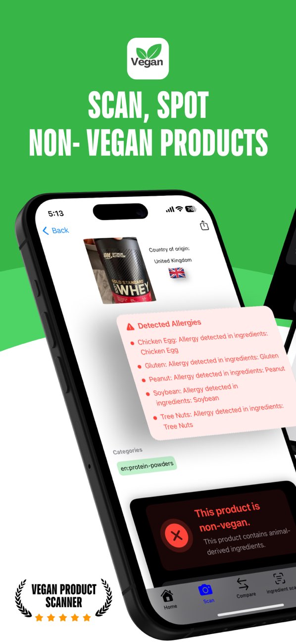 VeganCheckr iPhone product screen showing a whey product marked non-vegan