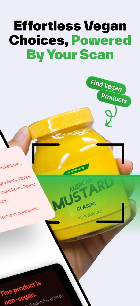 VeganCheckr App Store artwork showing a mustard jar inside a scanning frame