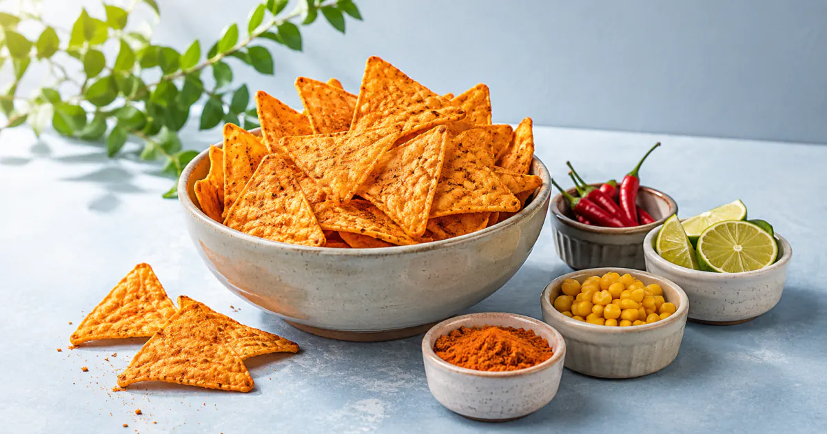 Triangular corn chips with corn, chilli, lime and bowls of seasoning