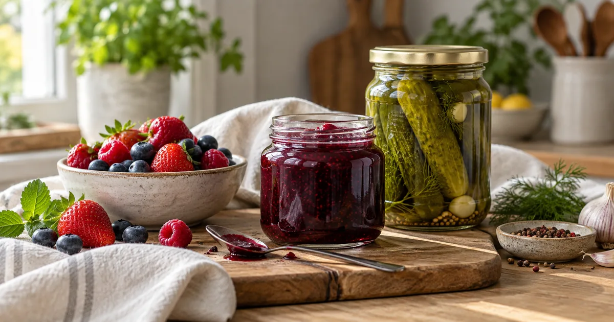 An open jam jar, a sealed jar of pickled cucumbers and a bowl of berries on a kitchen surface