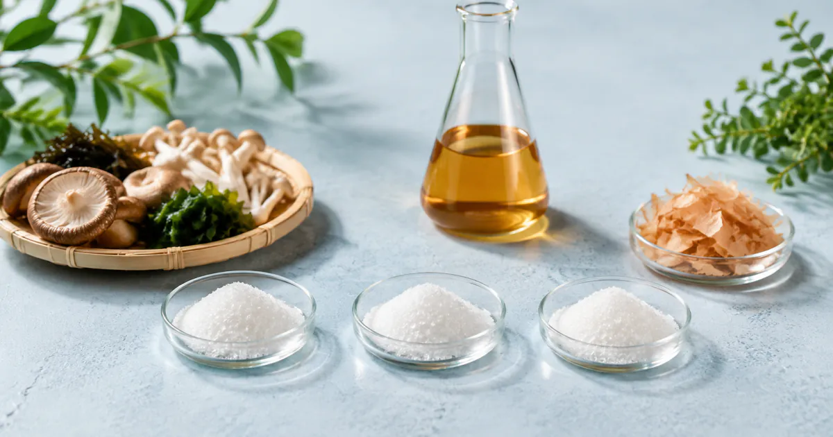 Three bowls of seasoning between mushrooms, a fermentation flask and bonito flakes