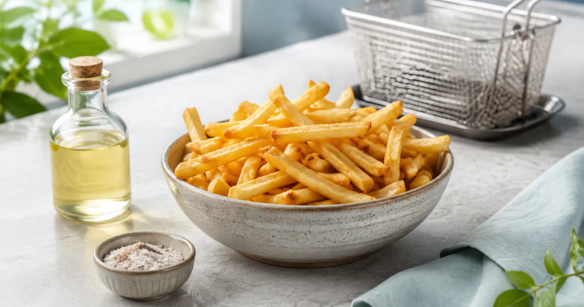 A bowl of golden French fries beside vegetable oil, seasoning and an empty fryer basket