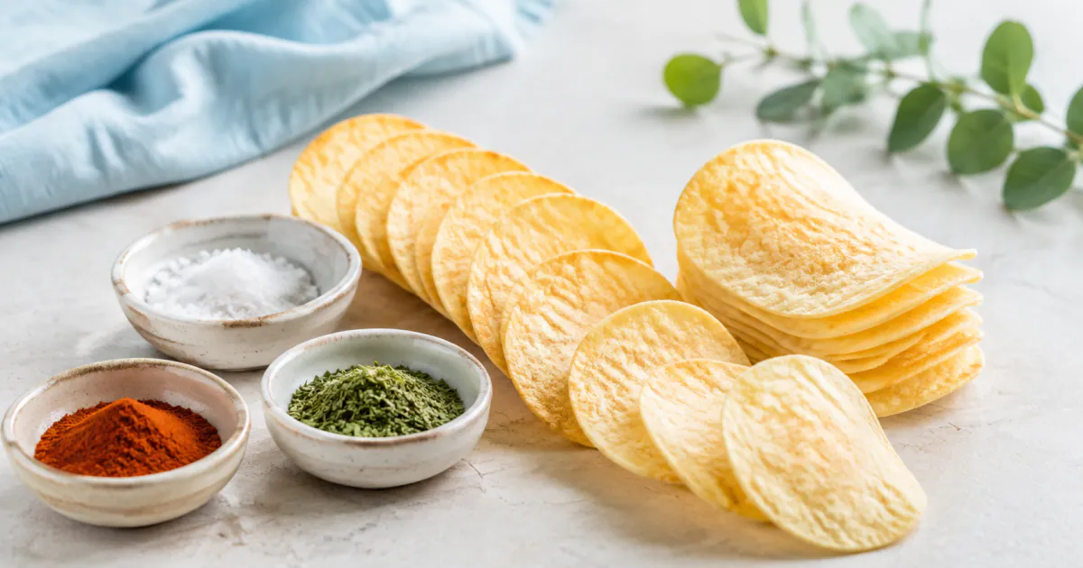 Curved potato crisps beside small bowls of salt, paprika and herbs