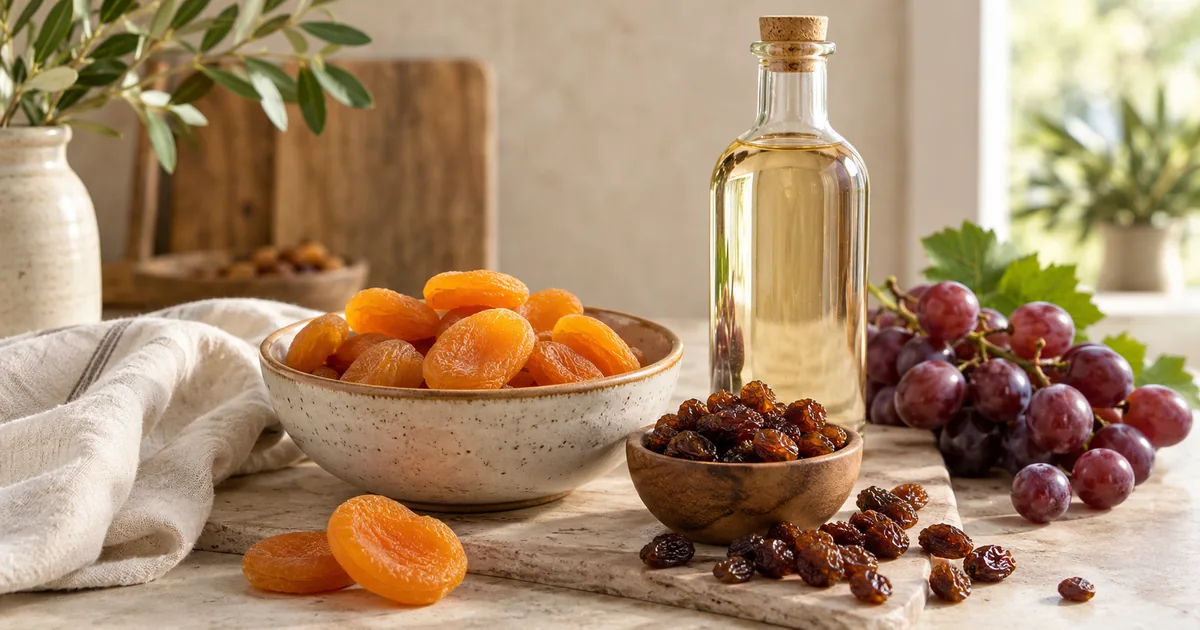 Dried apricots and raisins in ceramic bowls beside fresh grapes on a pale table