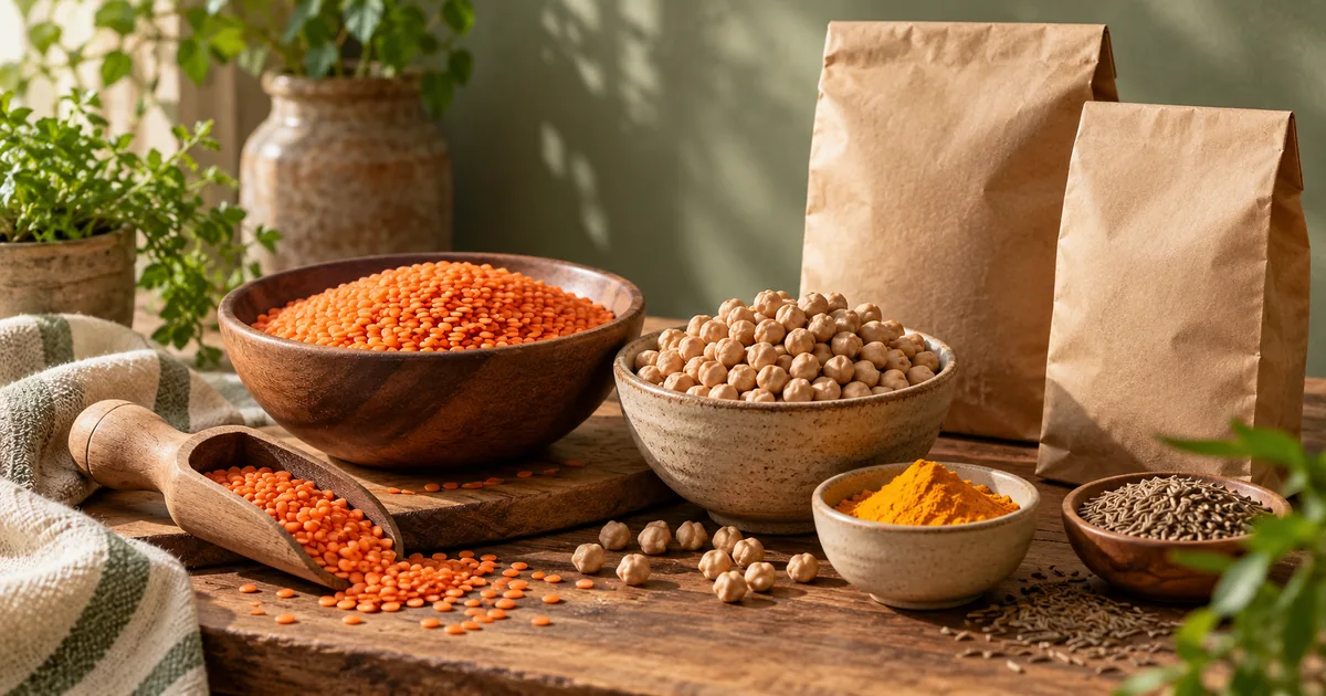 Indian pantry ingredients with lentils, spices and unlabelled food packets
