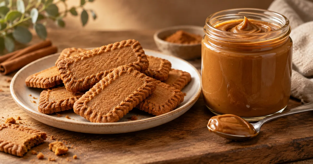 Plain caramelised rectangular biscuits beside a glass jar of biscuit spread