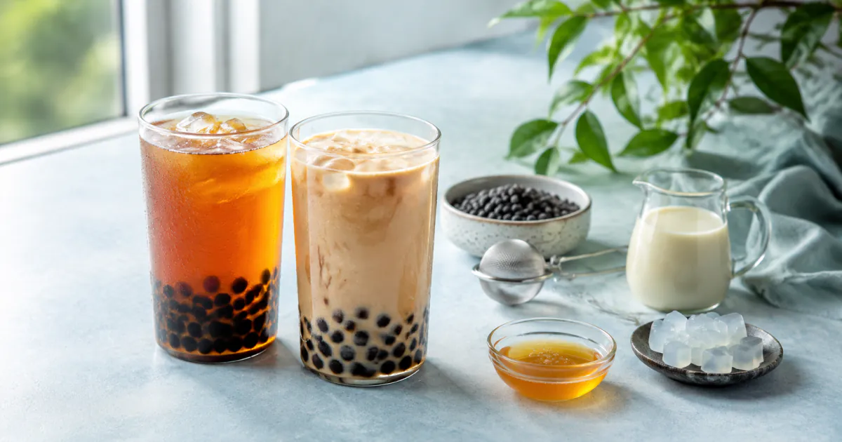 Two bubble teas beside a milk jug, syrup, tapioca pearls and jelly toppings