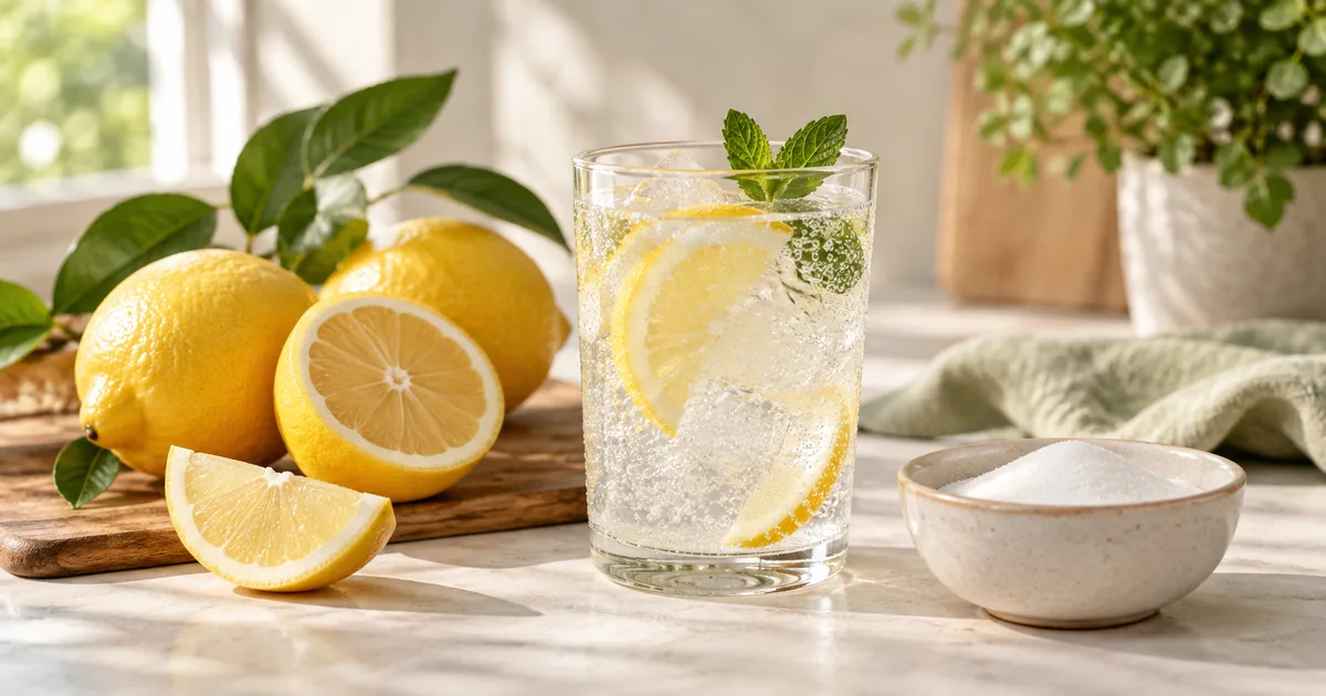 Fresh lemon halves beside a glass of clear citrus drink on a cream tabletop