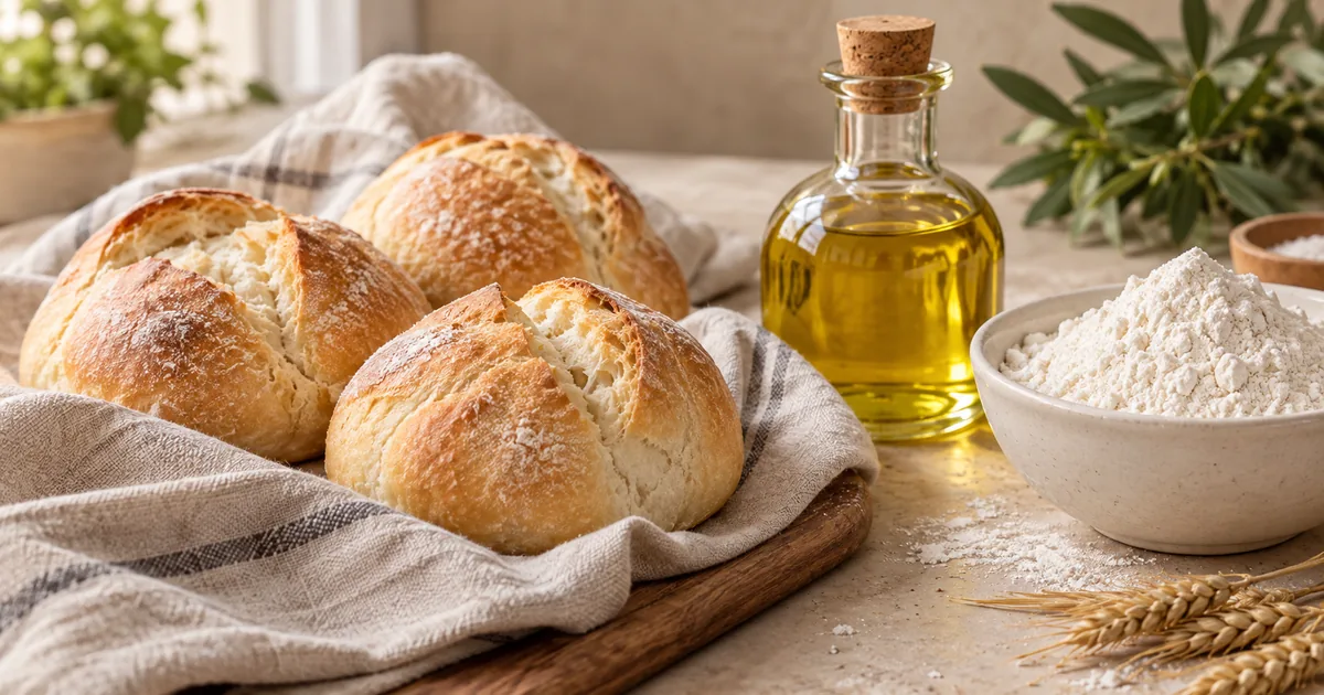 Golden bread rolls, a bottle of cooking oil and a bowl of flour on a kitchen table