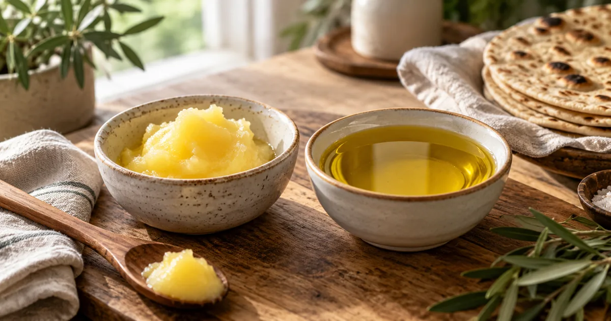 Two small ceramic bowls of golden cooking fat and plant oil beside flatbread