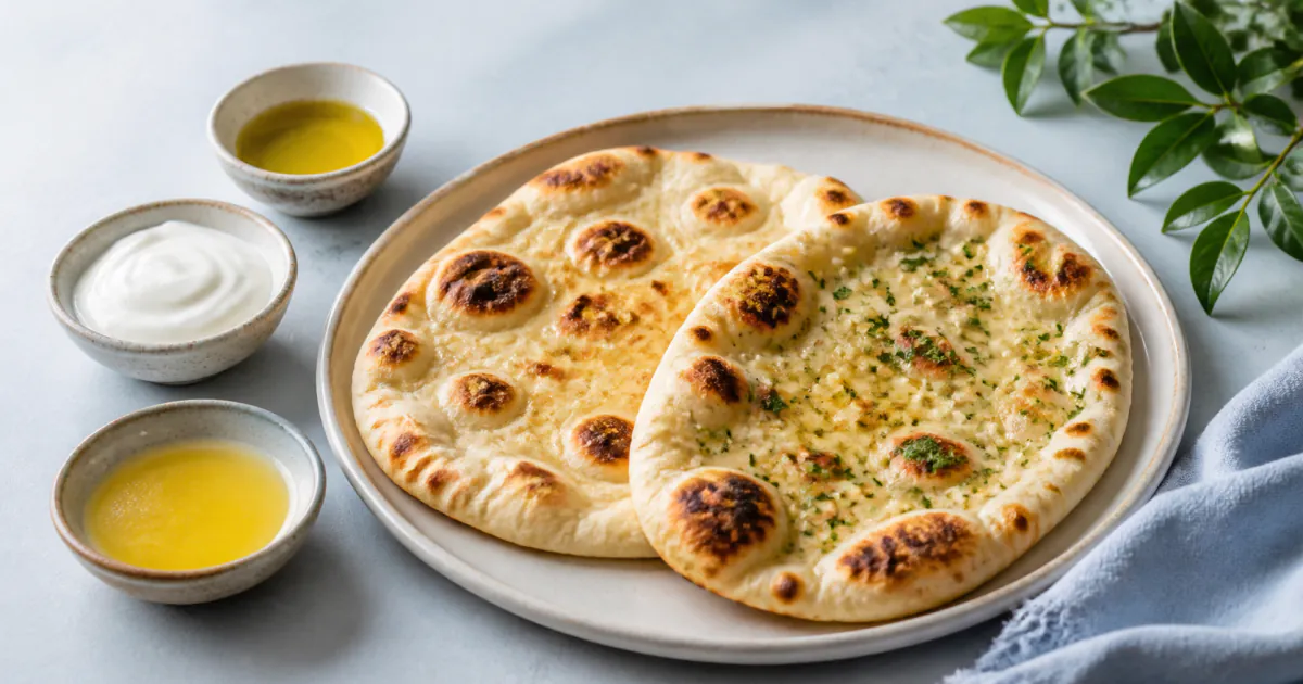 Plain and garlic-herb naan beside separate bowls of oil, yogurt and melted fat