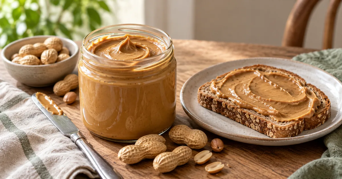 Peanut butter in a plain glass jar beside sliced toast and whole peanuts
