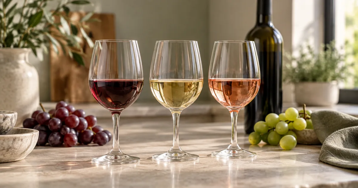 Glasses of red, white and rosé wine beside grapes and an unlabelled bottle