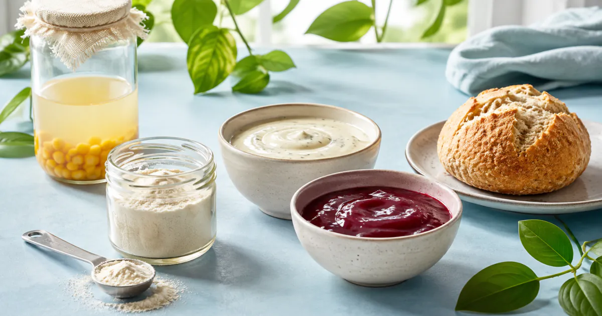 A jar of pale powder beside white and berry sauces, bread and a fermentation jar