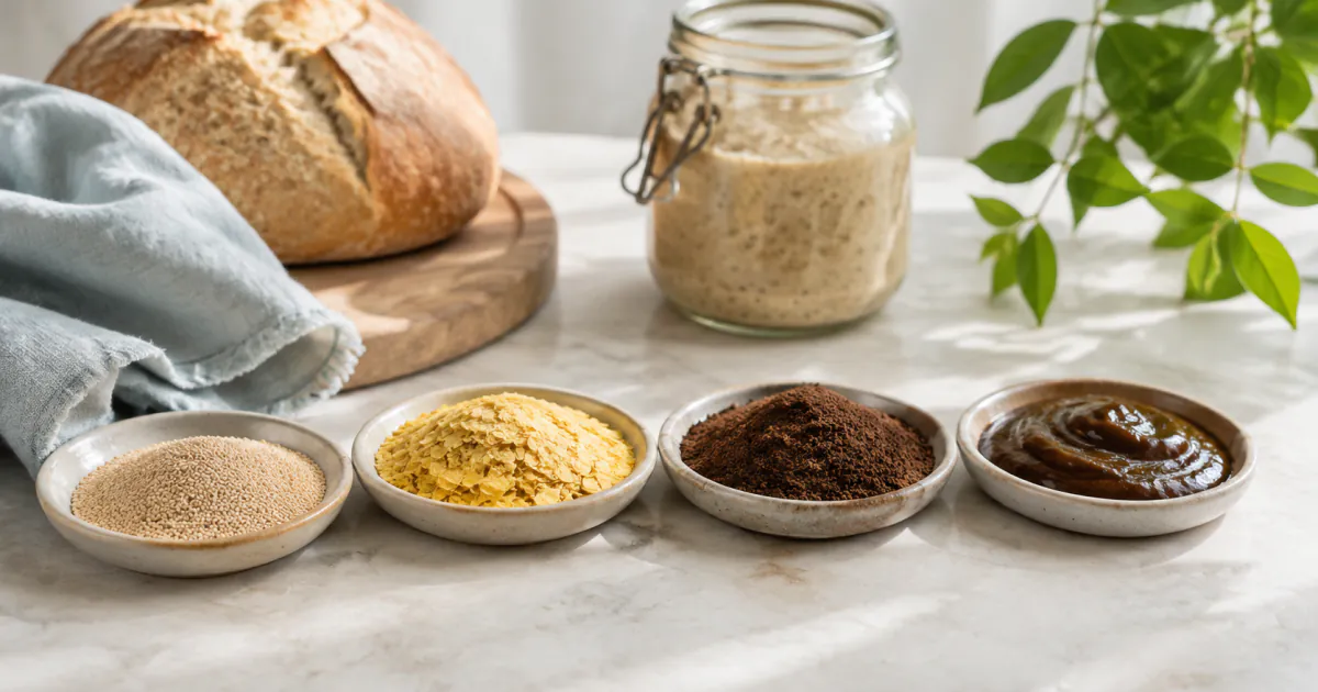Bread with yeast granules, flakes, powders and a savory yeast spread on a worktop