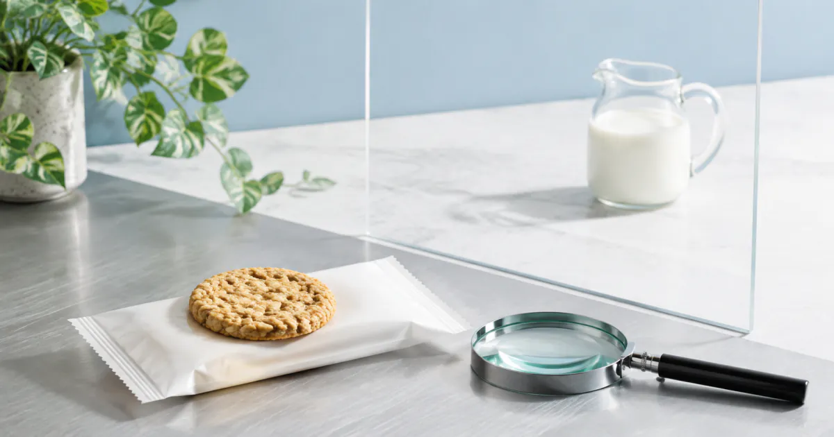 An oat biscuit and magnifying glass separated from a milk jug by a glass divider