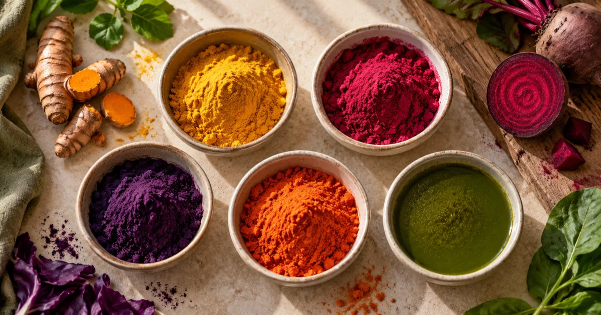Small ceramic bowls of colourful food pigments beside fresh produce