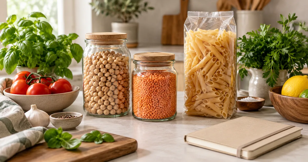 Legumes, vegetables and unbranded groceries arranged on a kitchen counter